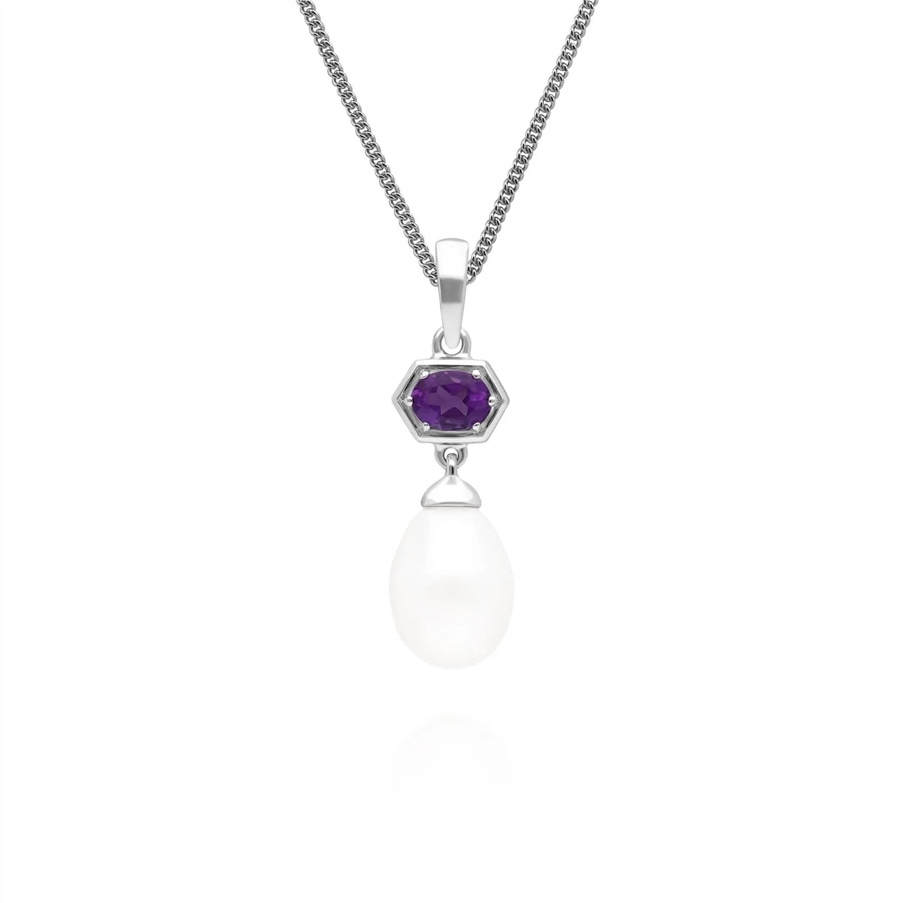 Modern Pearl & Amethyst Drop Earring & Pendant Set in Silver sold by Gemondo Jewellery product image thumbnail 3