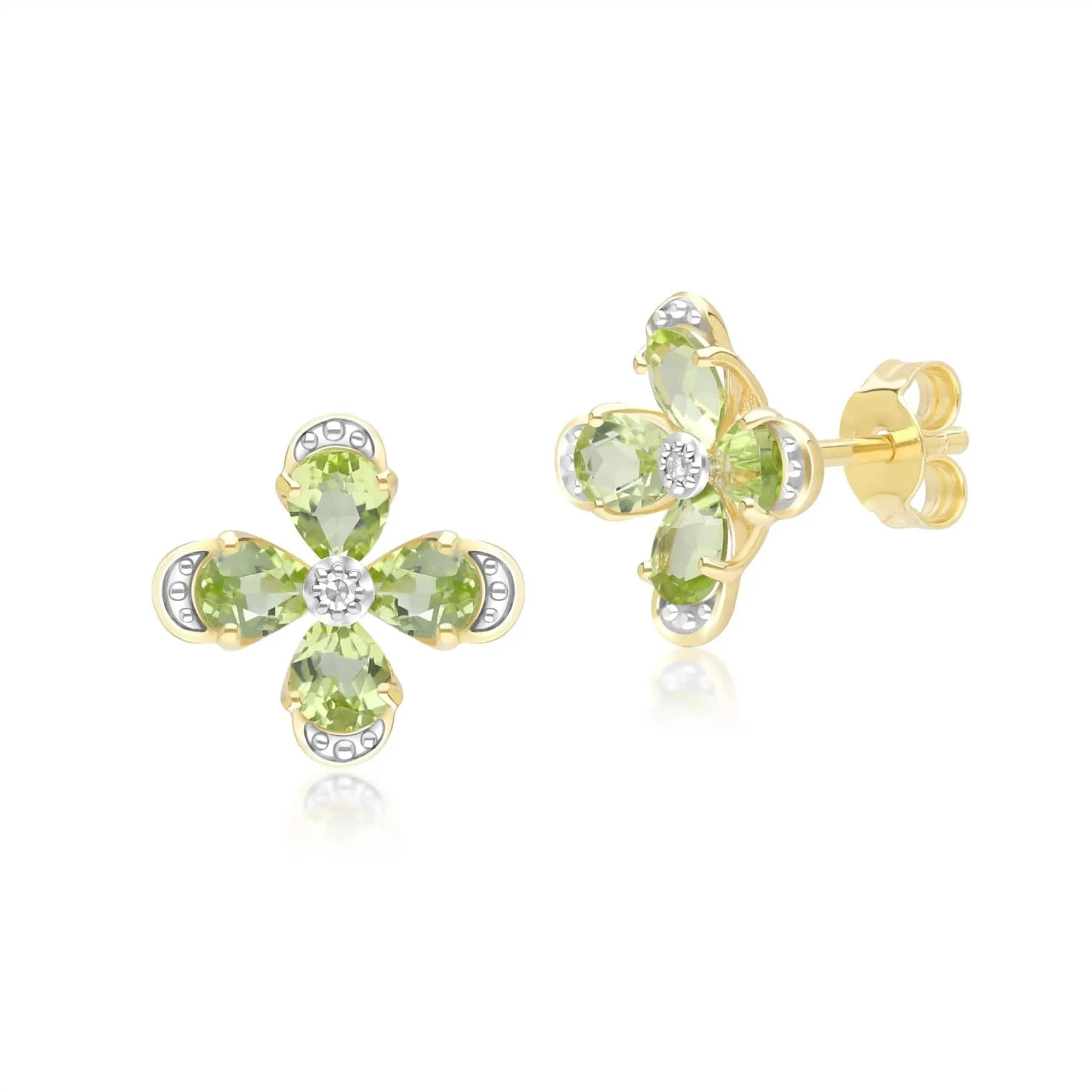 Floral Peridot & Diamond Stud Earrings in 9ct Yellow Gold sold by Gemondo Jewellery