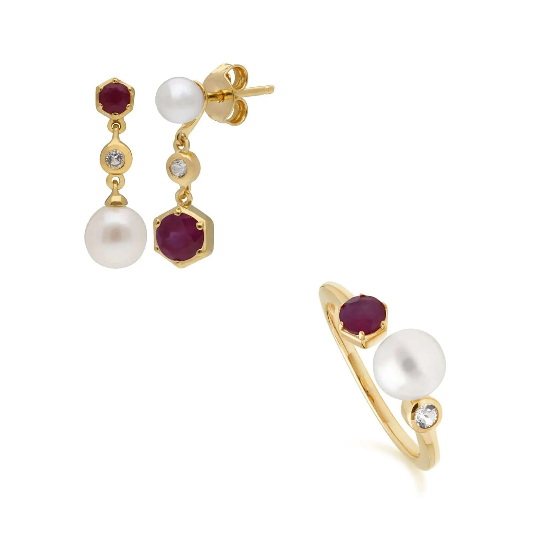 Modern Pearl, Topaz & Ruby Earring & Ring Set in Gold Plated Silver sold by Gemondo Jewellery
