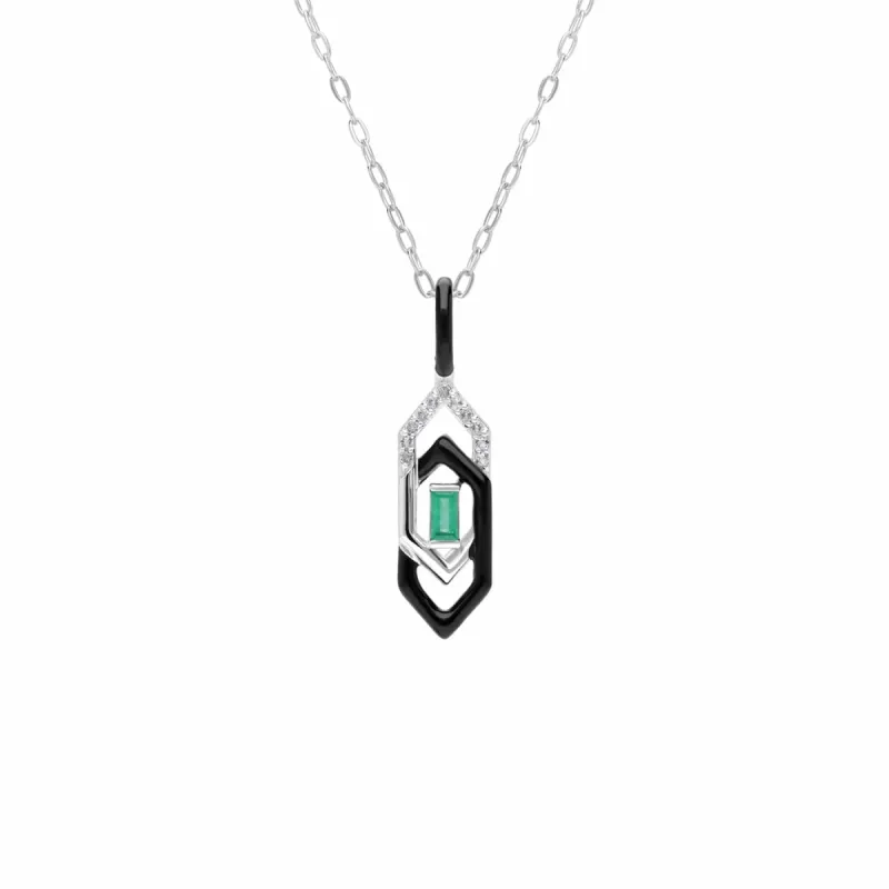 Grand Deco Black Enamel, White Topaz & Emerald Pendant in 9ct White Gold sold by Gemondo Jewellery