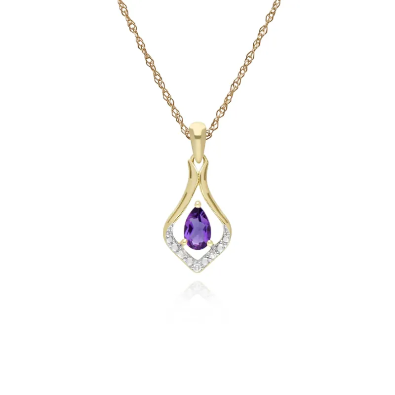 Classic Pear Amethyst & Three Diamond Leaf Halo Pendant in 9ct Yellow Gold sold by Gemondo Jewellery