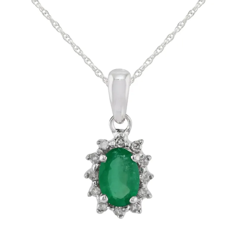 Classic Oval Emerald & Diamond Cluster Pendant in 9ct White Gold sold by Gemondo Jewellery