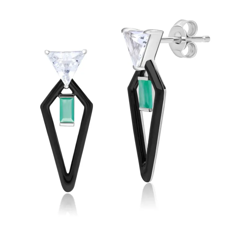 Grand Deco Enamel, Topaz & Emerald Drop Earrings in 9ct White Gold sold by Gemondo Jewellery