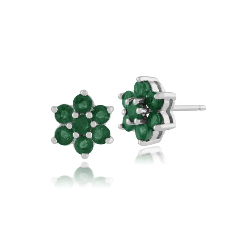 Floral Round Emerald Cluster Stud Earrings in 925 Sterling Silver sold by Gemondo Jewellery