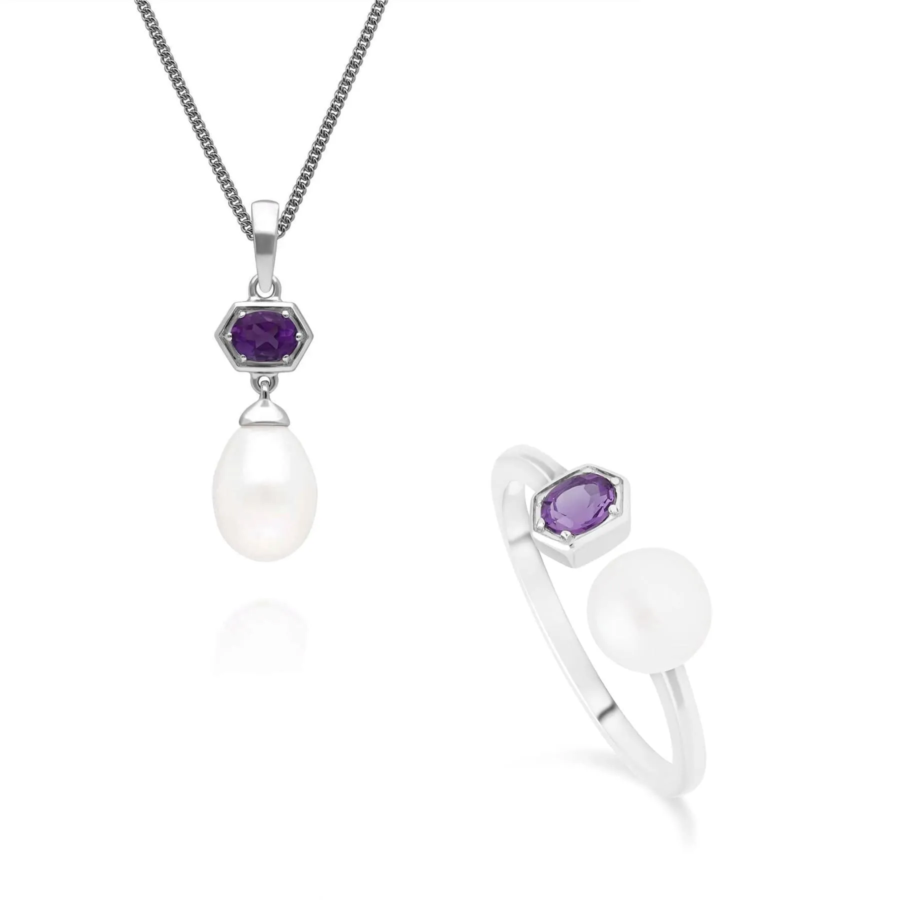 Modern Pearl & Amethyst Ring & Pendant Set in Sterling Silver sold by Gemondo Jewellery