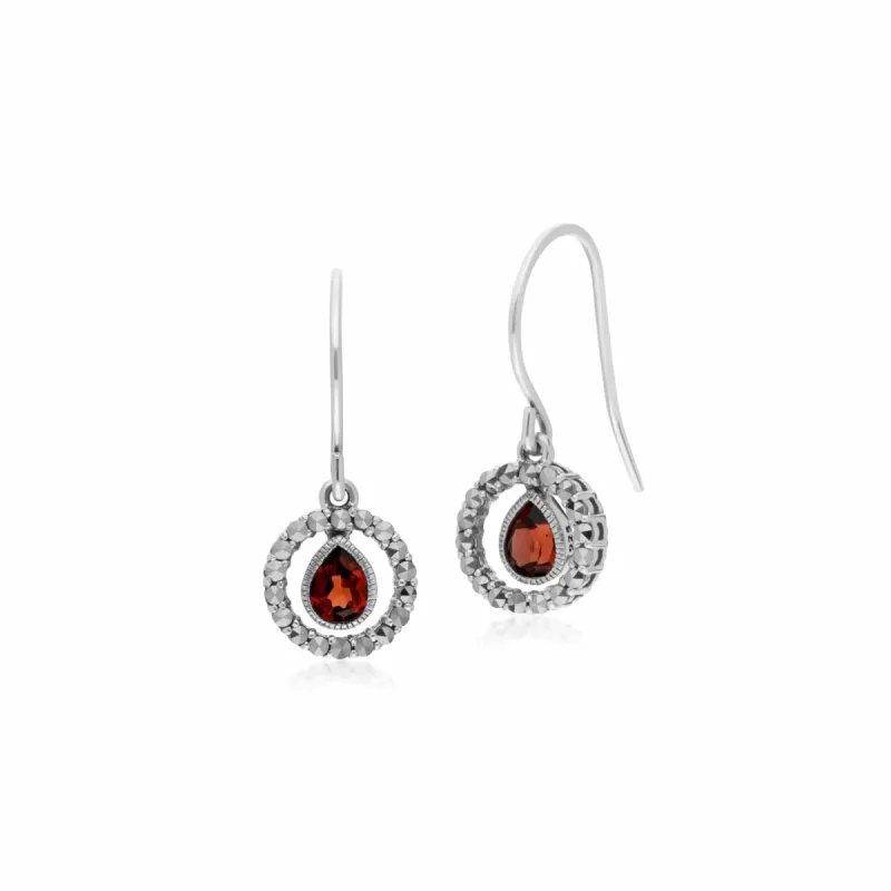 Classic Pear Garnet & Marcasite Round Halo Drop Earrings in 925 Sterling Silver sold by Gemondo Jewellery