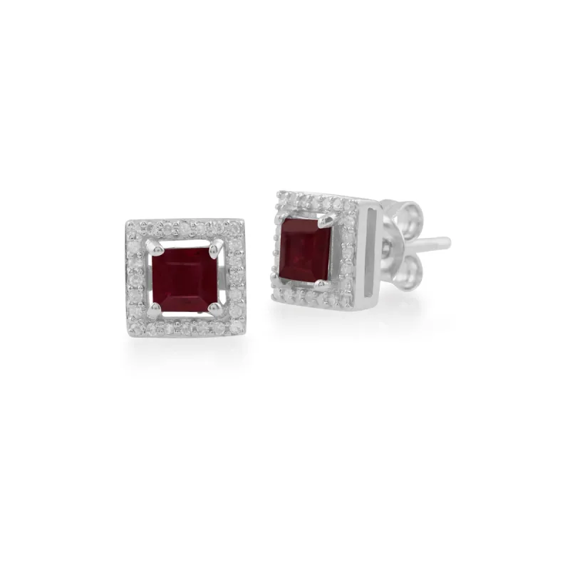 Square Ruby & Diamond Cluster Luxe Stud Earrings In 9ct White Gold sold by Gemondo Jewellery