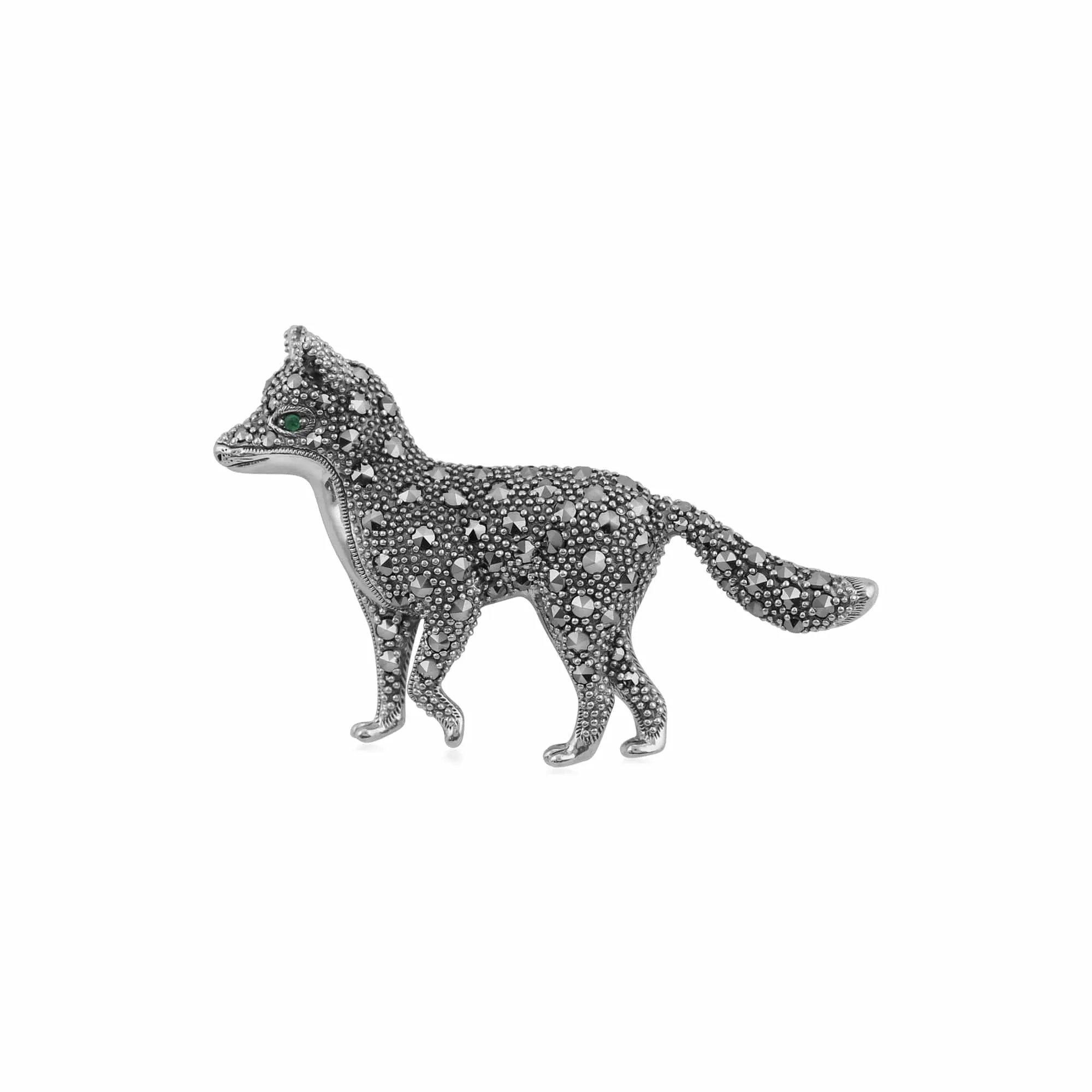 Classic Marcasite & Emerald Fox Brooch in 925 Sterling Silver sold by Gemondo Jewellery
