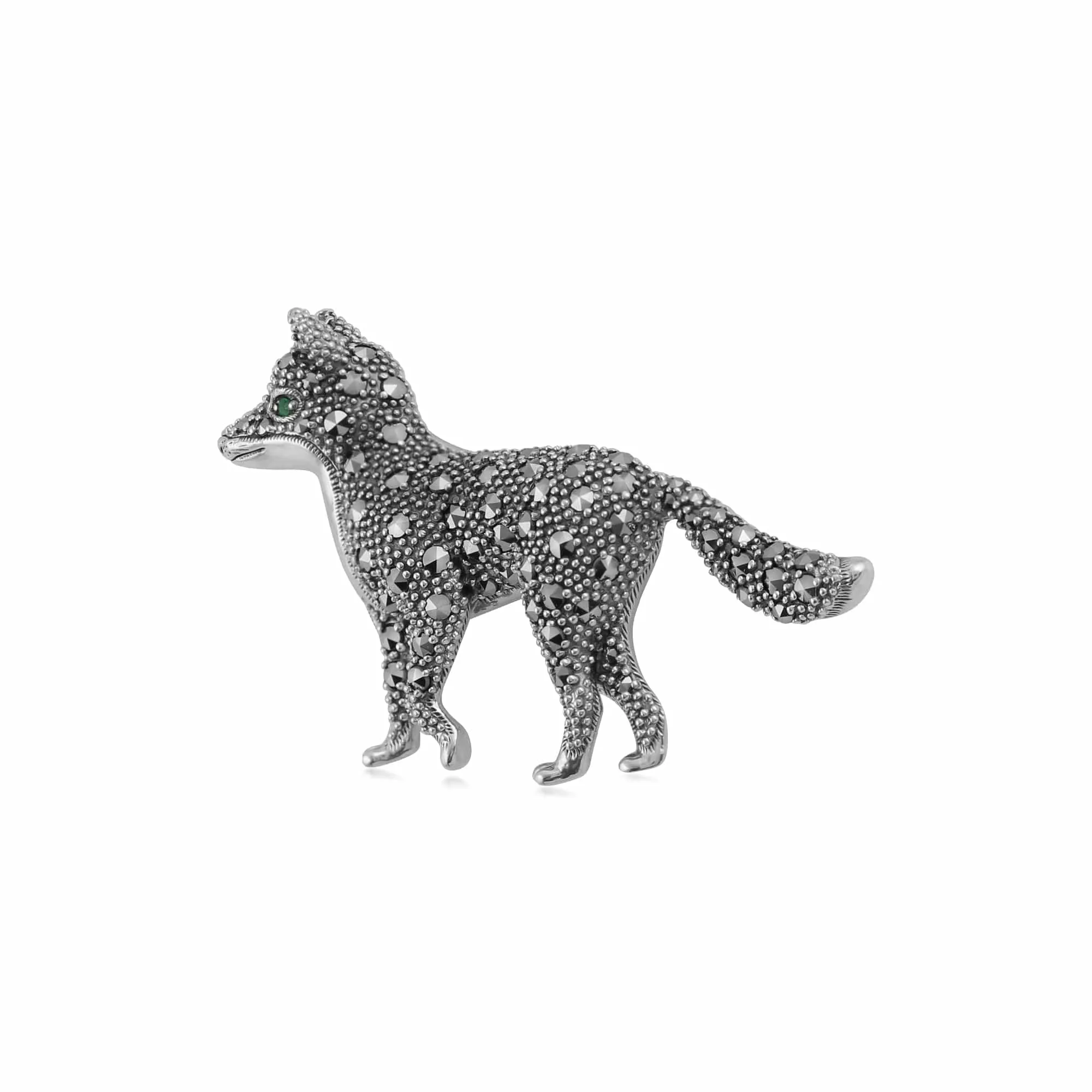 Classic Marcasite & Emerald Fox Brooch in 925 Sterling Silver sold by Gemondo Jewellery product image thumbnail 2