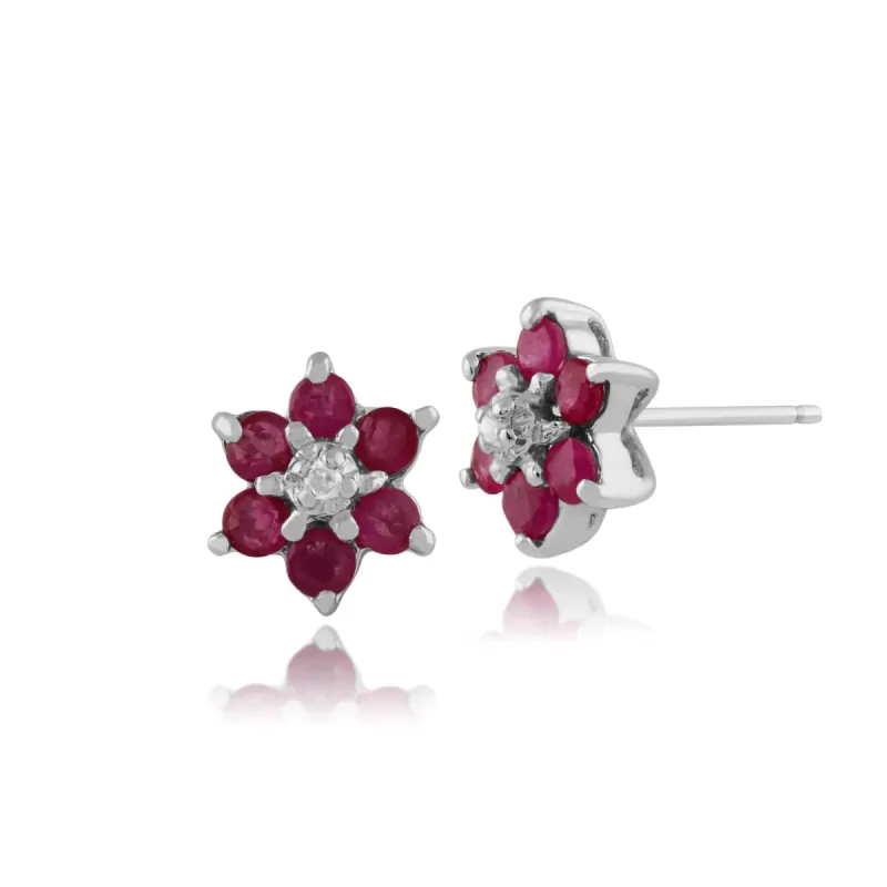 Floral Round Ruby & Diamond Cluster Stud Earrings in 9ct White Gold sold by Gemondo Jewellery