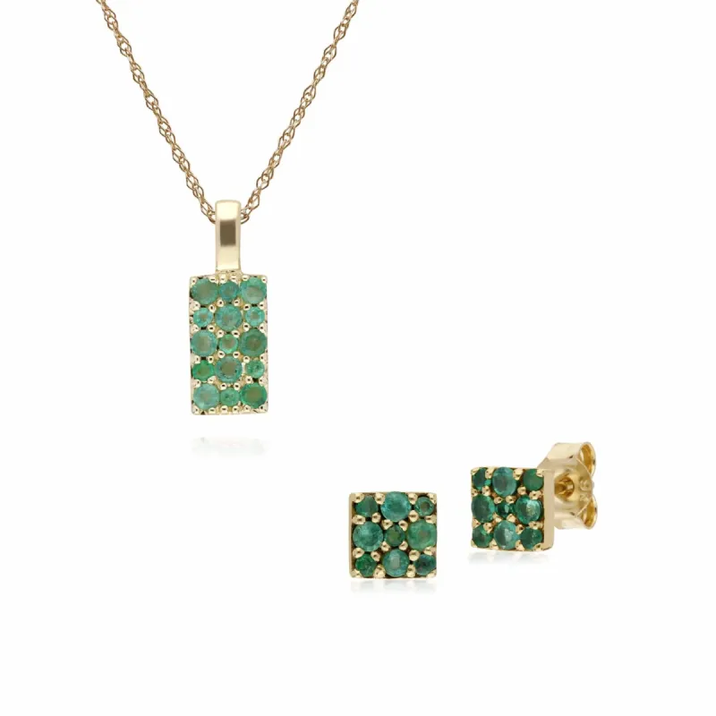 Classic Round Emerald Cluster Panel Stud Earrings & Pendant Set in 9ct Yellow Gold sold by Gemondo Jewellery
