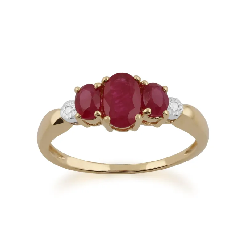 Classic Oval Ruby & Diamond Trilogy Ring in 9ct Yellow Gold sold by Gemondo Jewellery