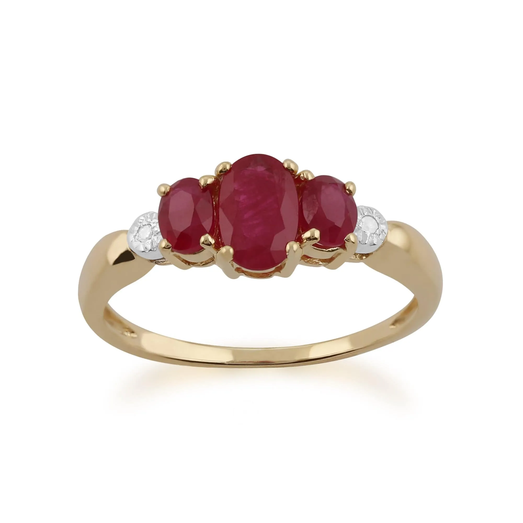 Classic Oval Ruby & Diamond Trilogy Ring in 9ct Yellow Gold sold by Gemondo Jewellery