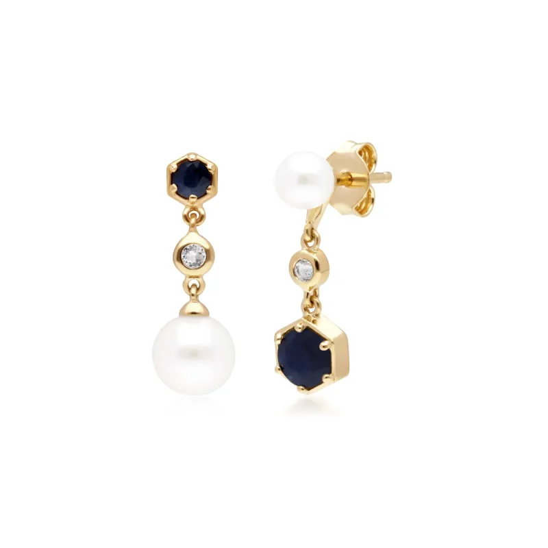 Modern Pearl, Sapphire & Topaz Mismatched Drop Earrings in Gold Plated Silver sold by Gemondo Jewellery