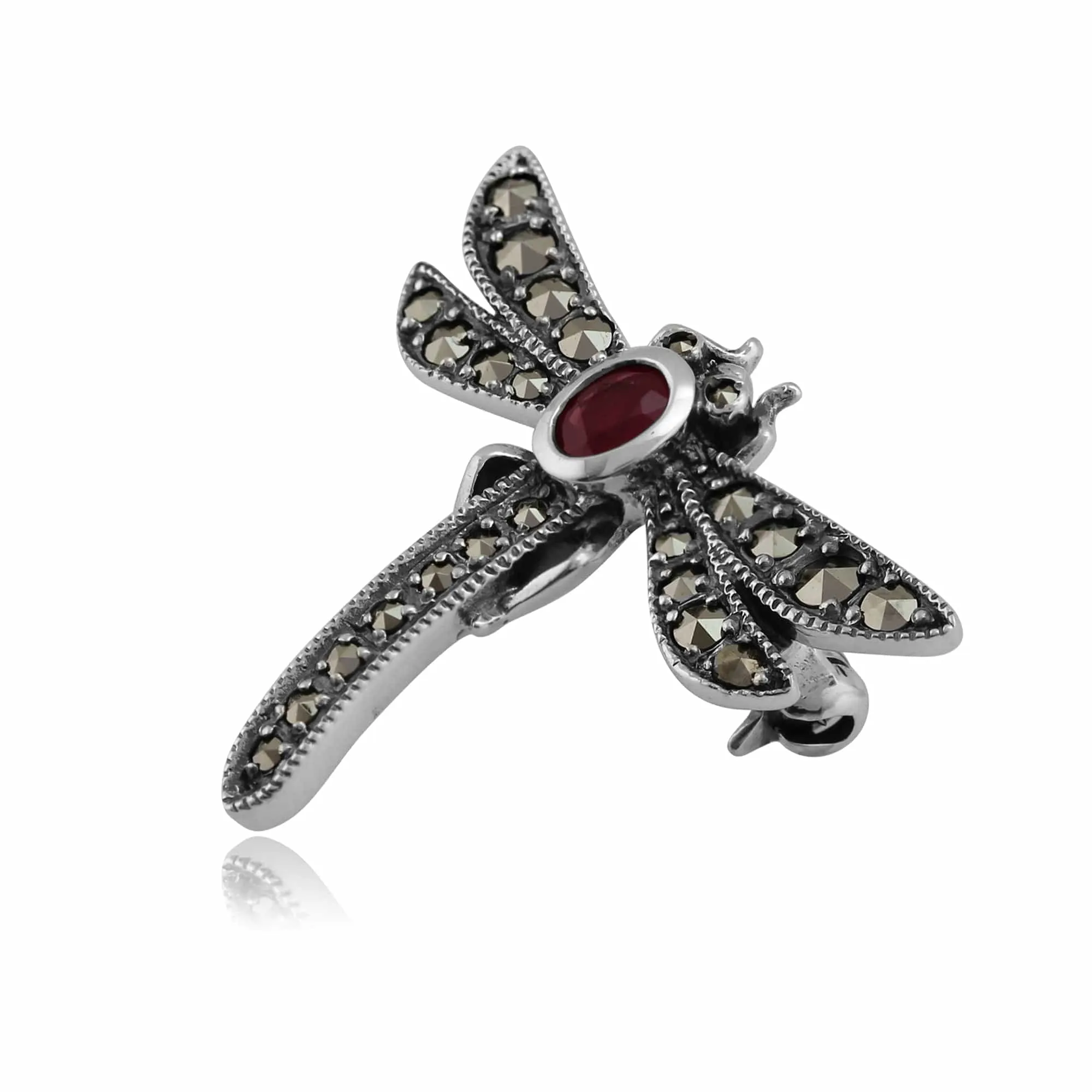 Art Nouveau Style Marcasite & Ruby Dragonfly Brooch in 925 Sterling Silver sold by Gemondo Jewellery product image thumbnail 2