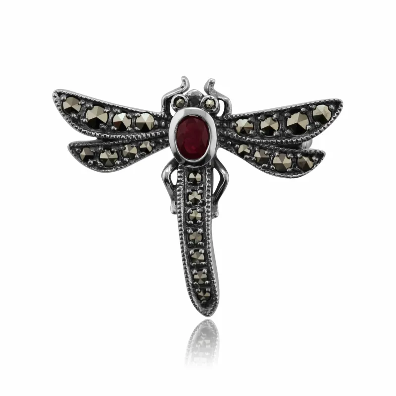 Art Nouveau Style Marcasite & Ruby Dragonfly Brooch in 925 Sterling Silver sold by Gemondo Jewellery