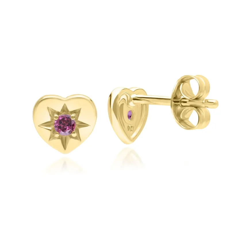 ECFEW™ 'The Liberator' Rhodolite Heart Stud Earrings in 9ct Yellow Gold sold by Gemondo Jewellery