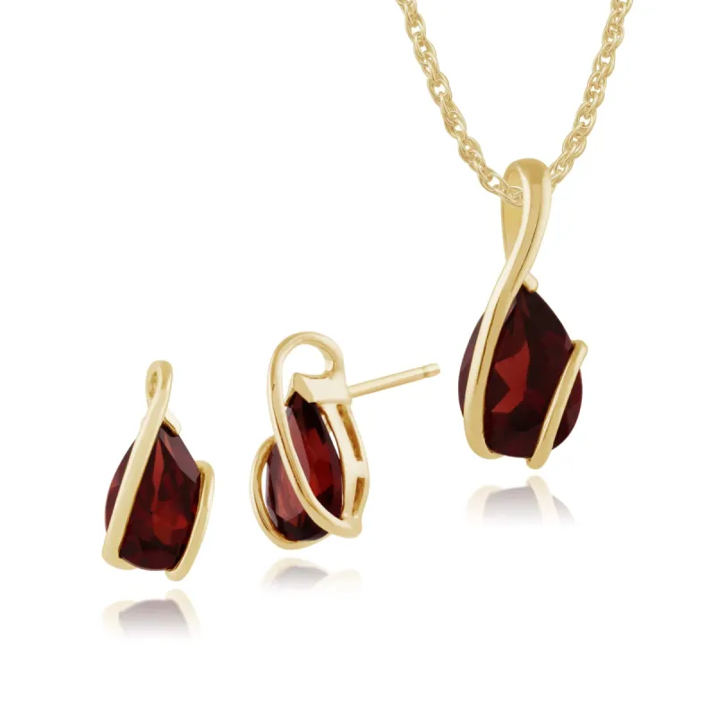 Classic Pear Garnet Wrap over Stud Earrings & Pendant Set in 9ct Yellow Gold sold by Gemondo Jewellery