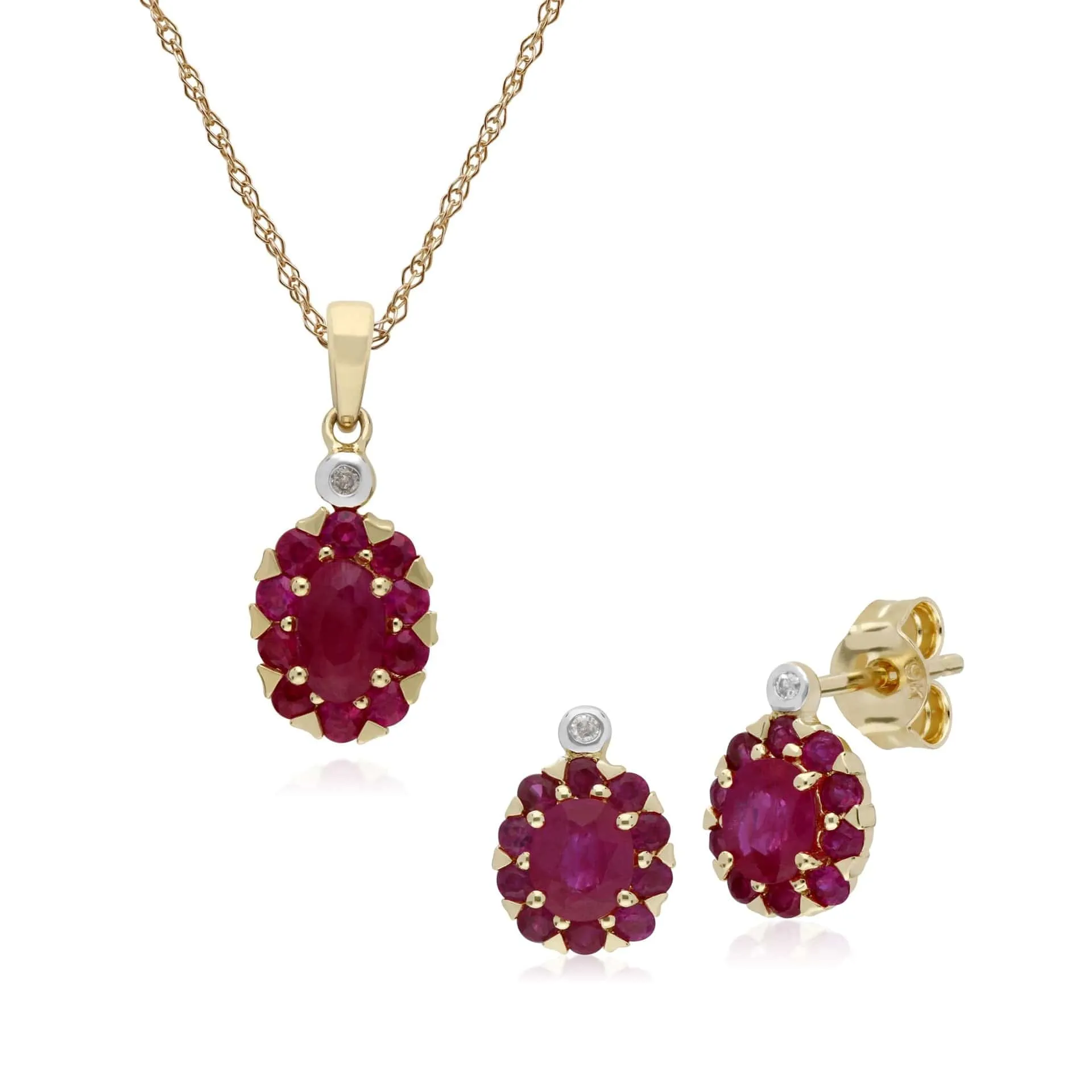 Classic Oval Ruby & Diamond Cluster Stud Earrings & Pendant Set in 9ct Yellow Gold sold by Gemondo Jewellery