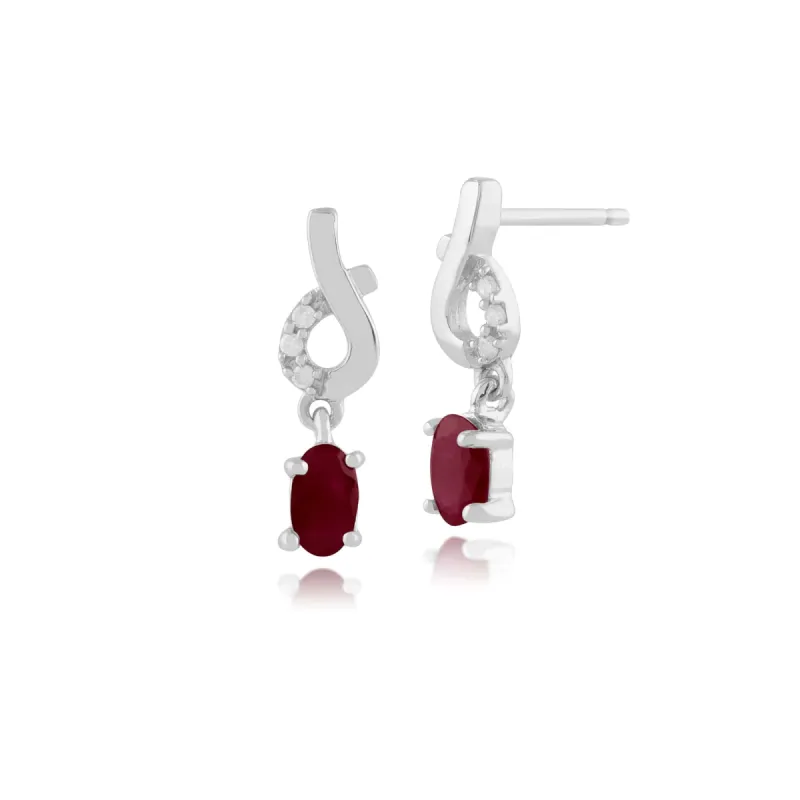 Classic Oval Ruby & Diamond Drop Earrings in 9ct White Gold sold by Gemondo Jewellery