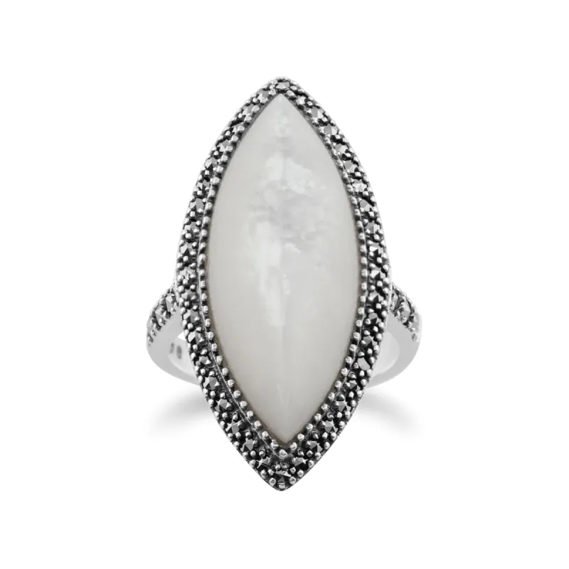 Art Deco Style Marquise Mother of Pearl & Marcasite Statement Ring in Silver sold by Gemondo Jewellery
