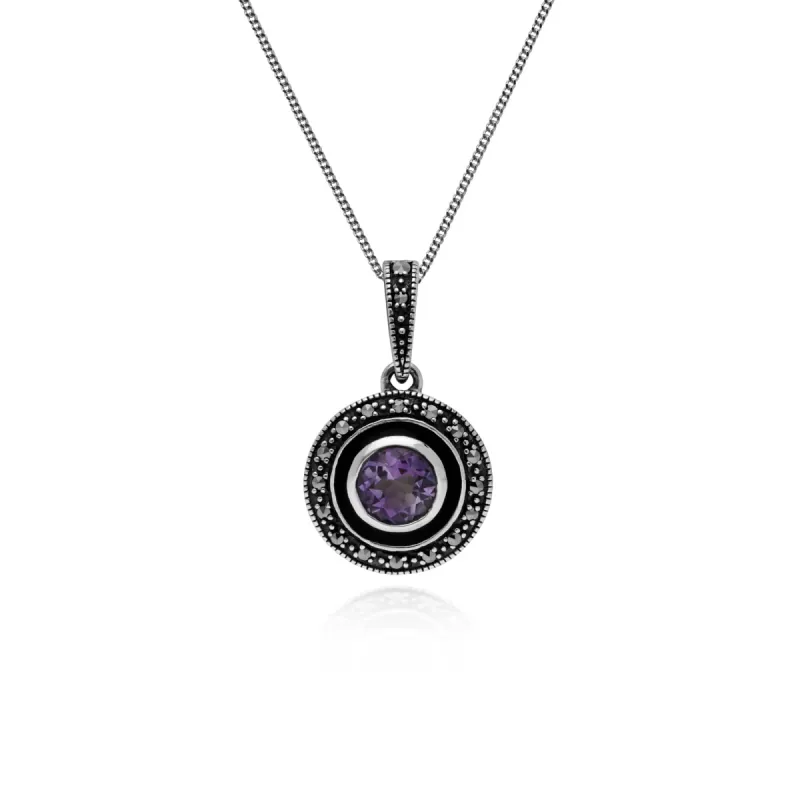 Art Deco Style Round Amethyst, Marcasite & Black Enamel Pendant in 925 Sterling Silver sold by Gemondo Jewellery