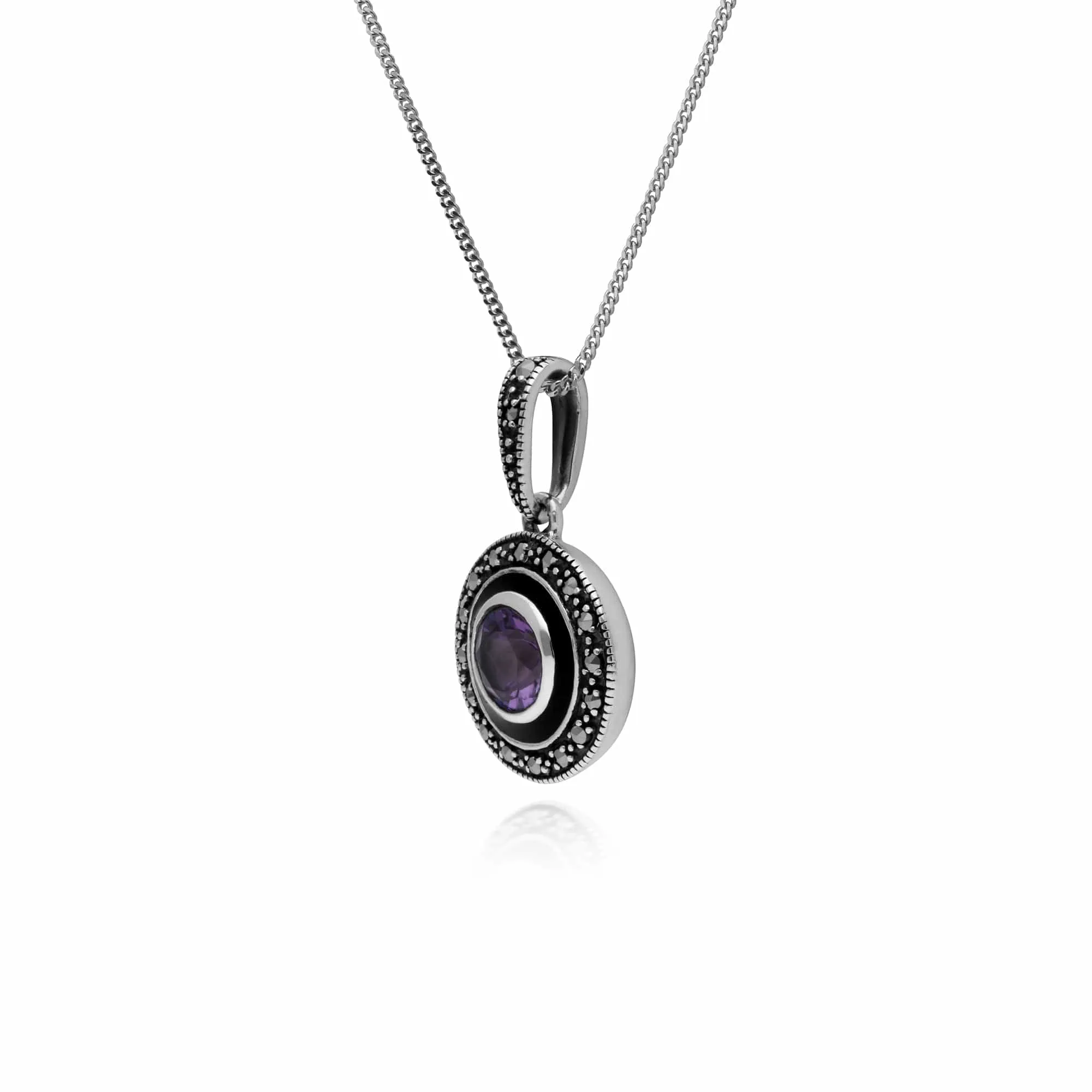 Art Deco Style Round Amethyst, Marcasite & Black Enamel Pendant in 925 Sterling Silver sold by Gemondo Jewellery product image thumbnail 2