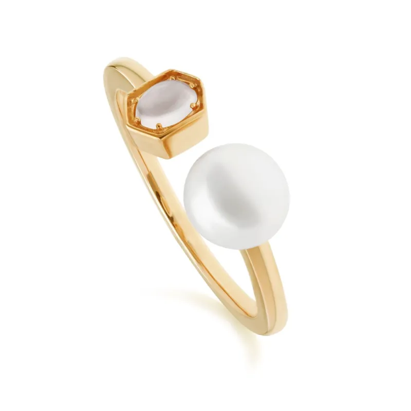 Modern Pearl & Moonstone Open Ring in Gold Plated Silver sold by Gemondo Jewellery