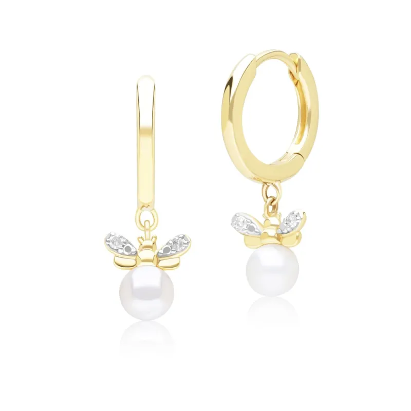 Honeycomb Inspired Pearl and Diamond Bee Hoop Earrings in 9ct Yellow Gold sold by Gemondo Jewellery