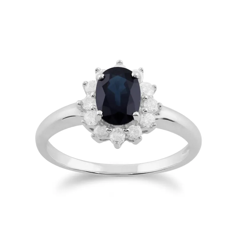 Classic Oval Sapphire & Diamond Cluster Ring in 9ct White Gold sold by Gemondo Jewellery