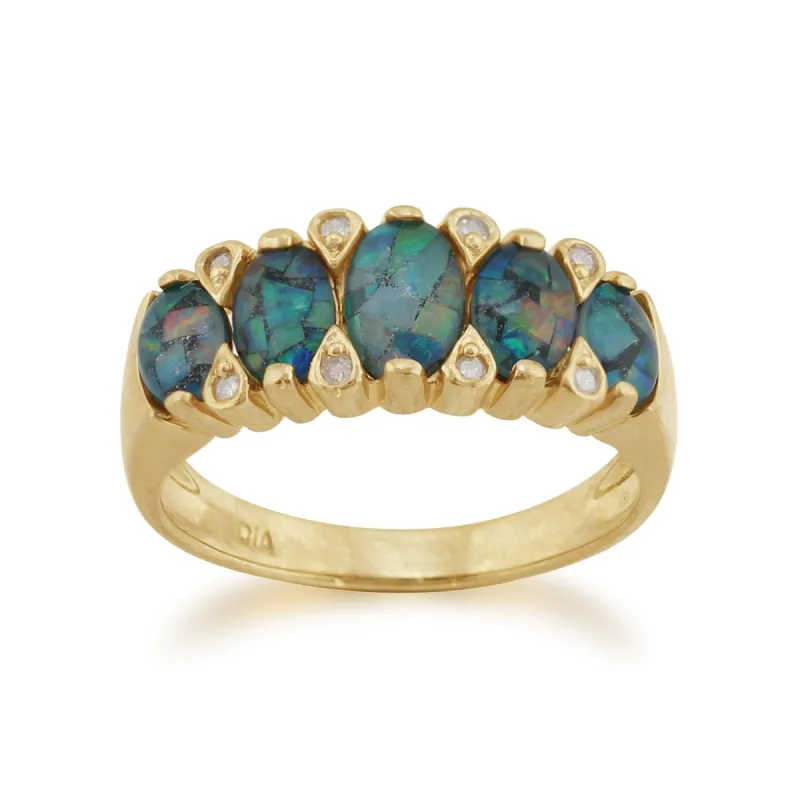Classic Oval Triplet Opal & Diamond Five Stone Ring in 9ct Yellow Gold sold by Gemondo Jewellery