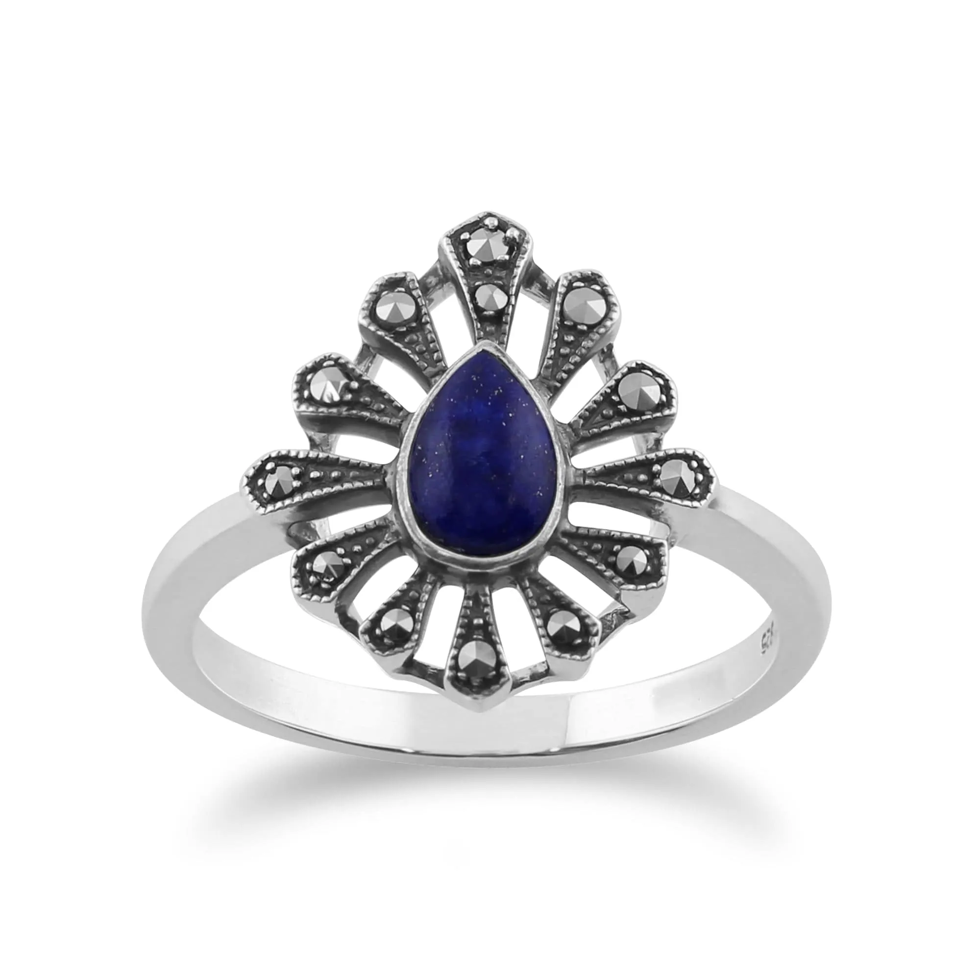 Gemondo 925 Sterling Silver 0.30ct Lapis Lazuli & Marcasite Art Deco Ring sold by Gemondo Jewellery