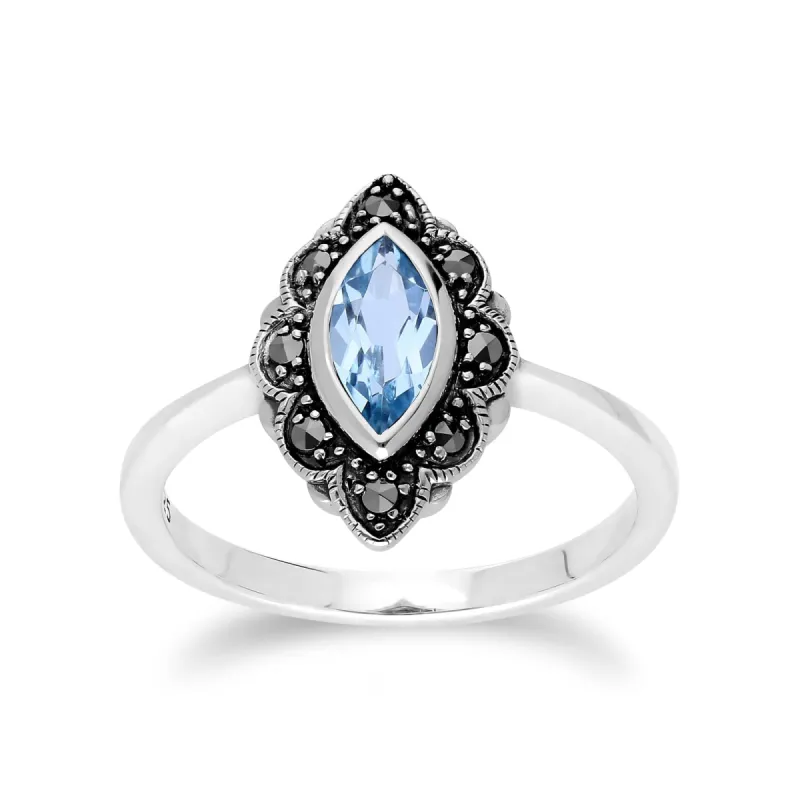 Art Nouveau Marquise Blue Topaz & Marcasite Leaf Ring in 925 Sterling Silver sold by Gemondo Jewellery