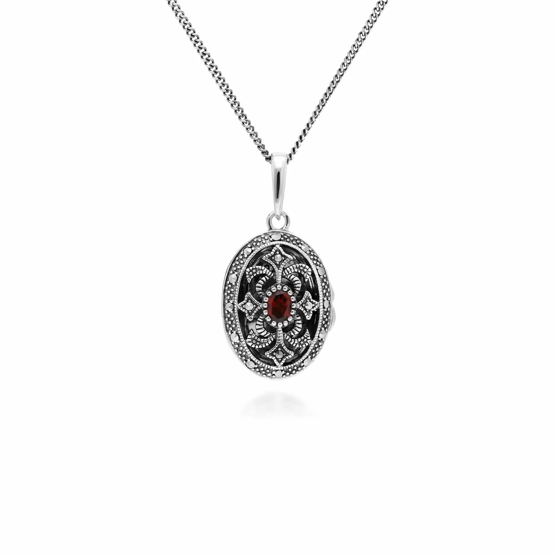 Art Nouveau Style Oval Garnet & Marcasite Locket Necklace in Sterling Silver sold by Gemondo Jewellery