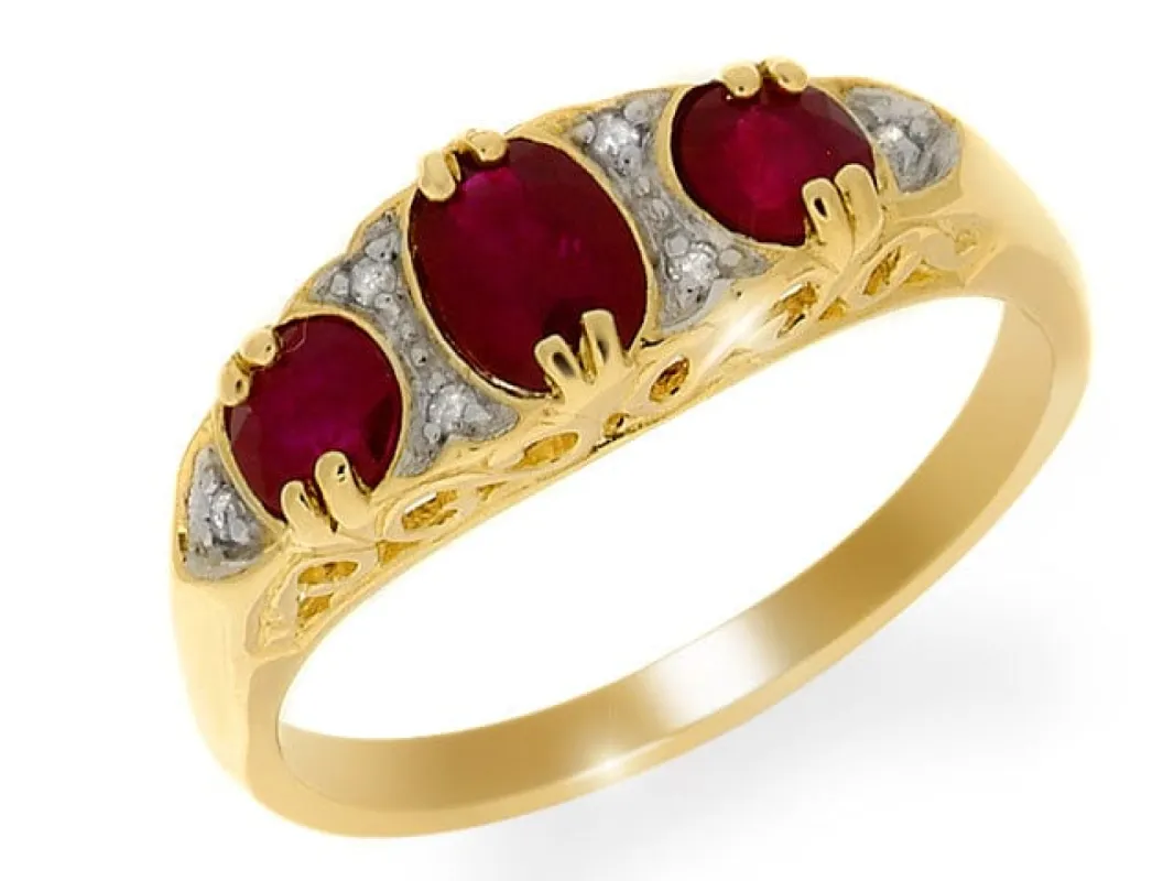 9ct Yellow Gold 1.18ct Natural Ruby & Diamond Three Stone Style Ring sold by Gemondo Jewellery