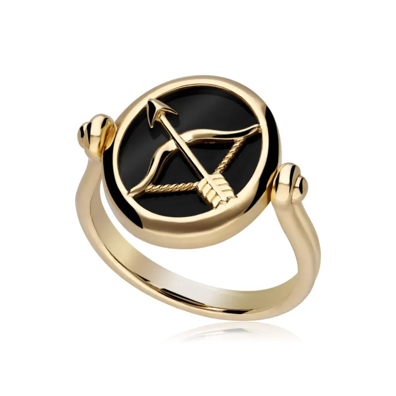 Zodiac Black Onyx Sagittarius Flip Ring in 18ct Gold Plated Silver sold by Gemondo Jewellery