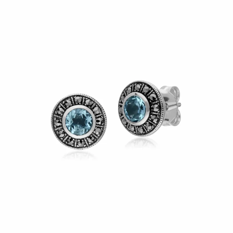 Gemondo Sterling Silver Round Blue Topaz and Marcasite Cluster Stud Earrings sold by Gemondo Jewellery