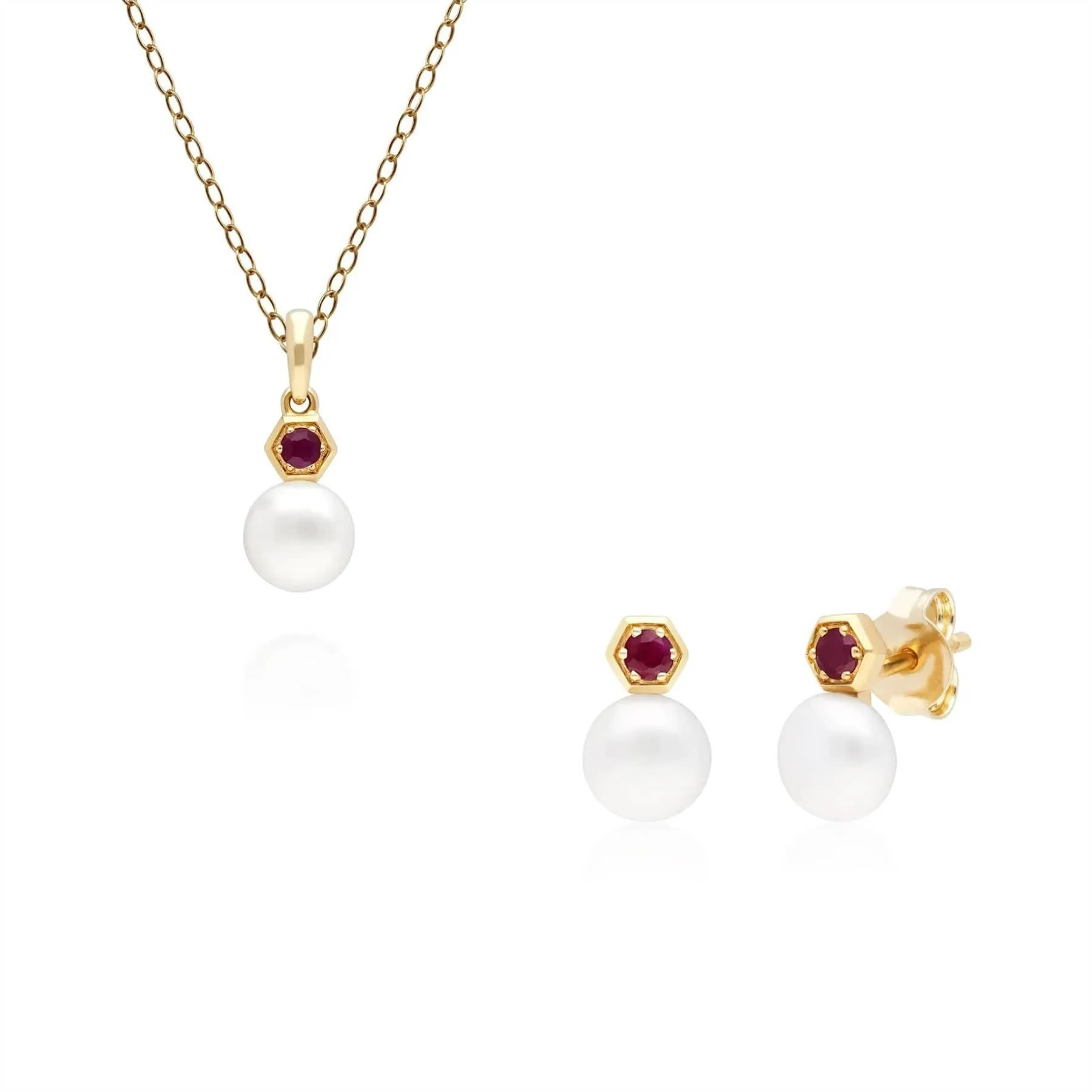 Modern Pearl & Ruby Earring & Pendant Set in 9ct Gold sold by Gemondo Jewellery
