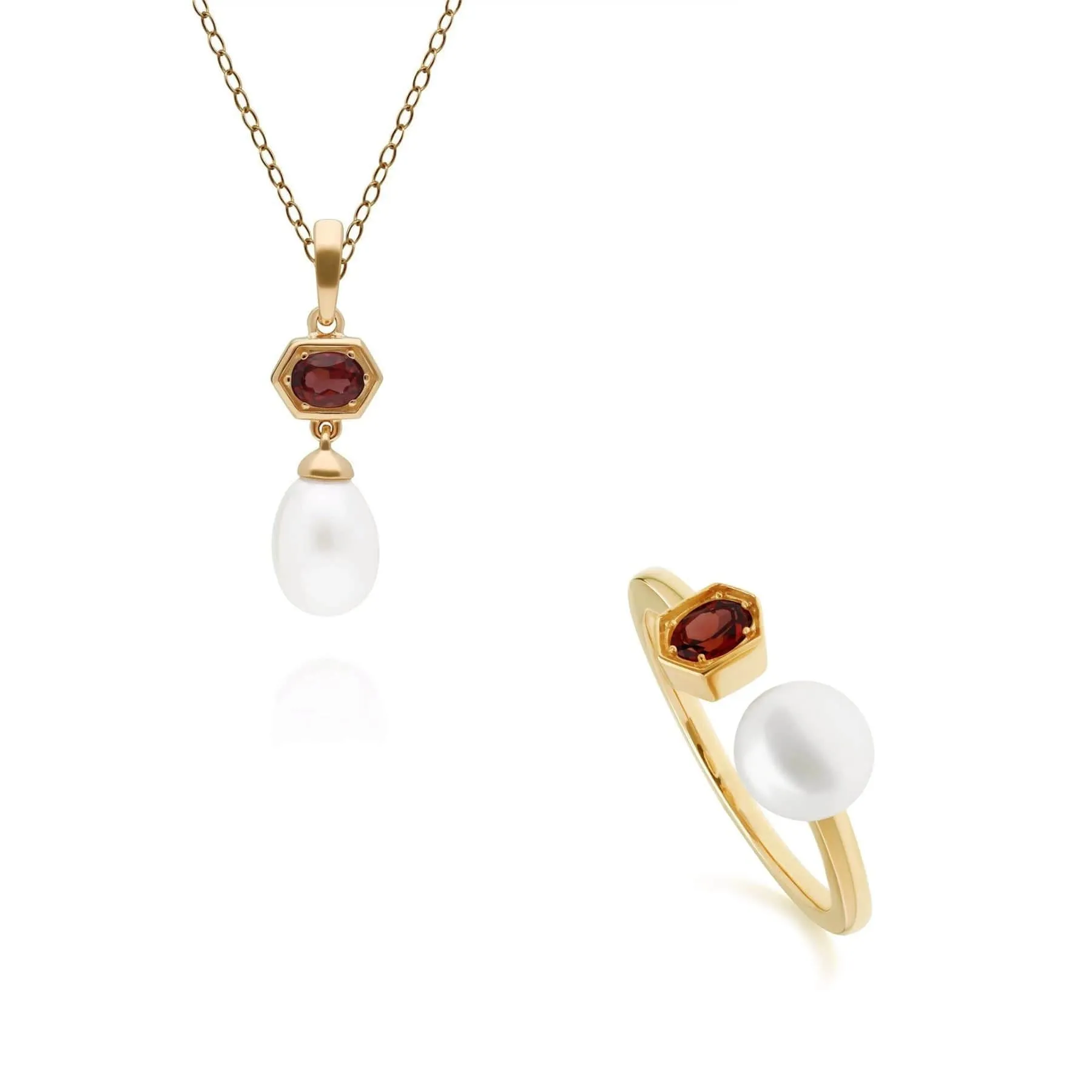 Modern Pearl & Garnet Pendant & Ring Set in Gold Plated Silver sold by Gemondo Jewellery