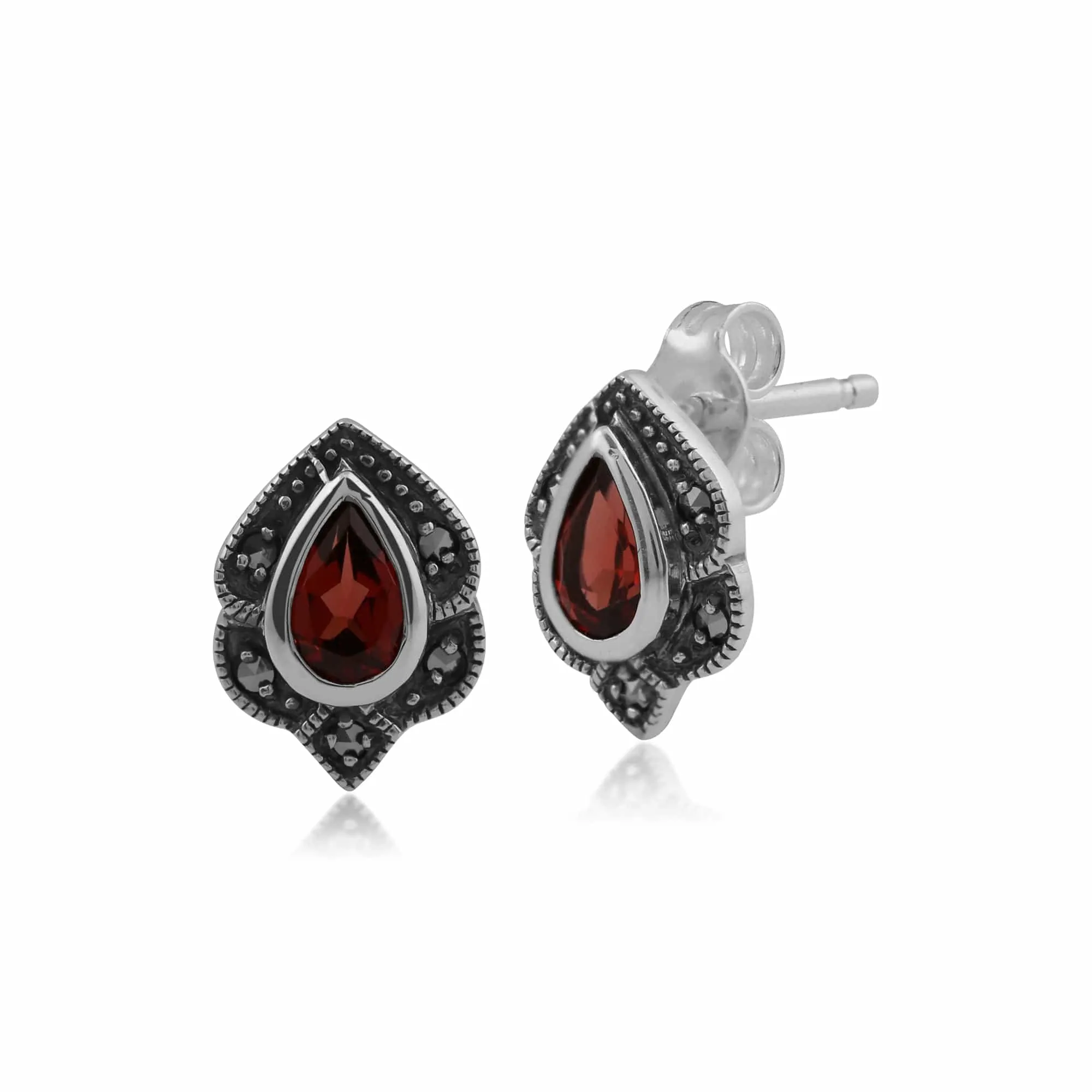 Art Nouveau Style Pear Garnet & Marcasite Leaf Stud Earrings in 925 Sterling Silver sold by Gemondo Jewellery