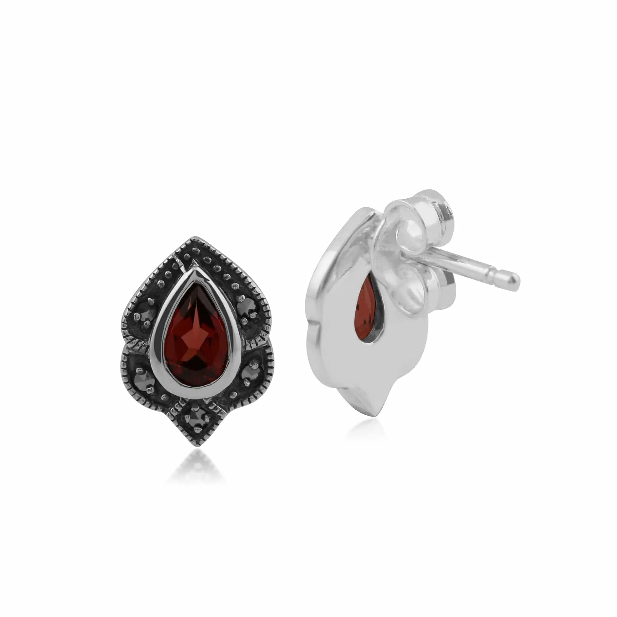 Art Nouveau Style Pear Garnet & Marcasite Leaf Stud Earrings in 925 Sterling Silver sold by Gemondo Jewellery product image thumbnail 2