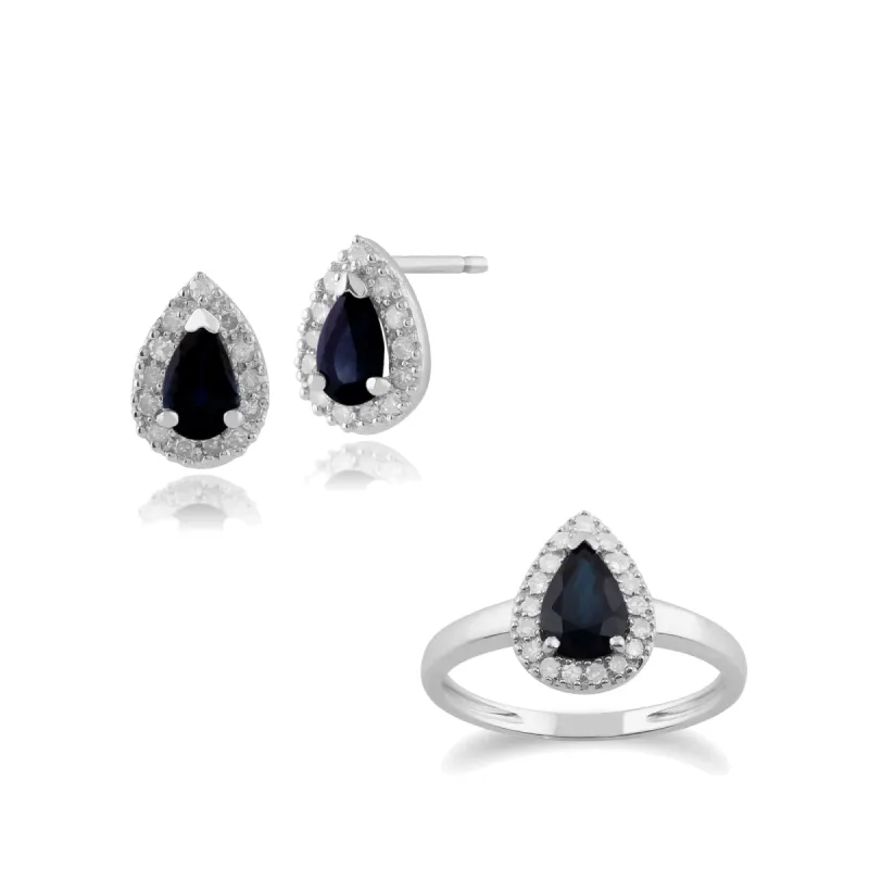 Classic Pear Sapphire & Diamond Halo Stud Earrings & Ring Set in 9ct White Gold sold by Gemondo Jewellery