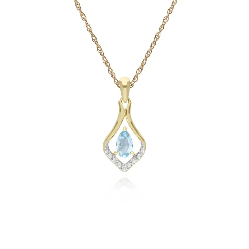 Classic Pear Blue Topaz & Three Diamond Leaf Halo Pendant in 9ct Yellow Gold sold by Gemondo Jewellery