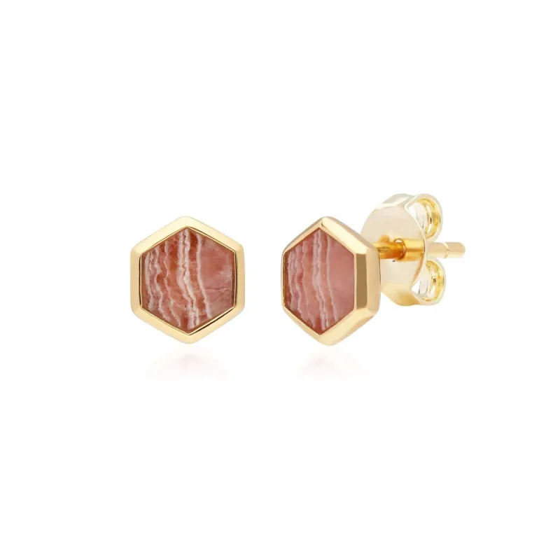 Micro Statement Rhodochrosite Hexagon Stud Earrings in Gold Plated Silver sold by Gemondo Jewellery