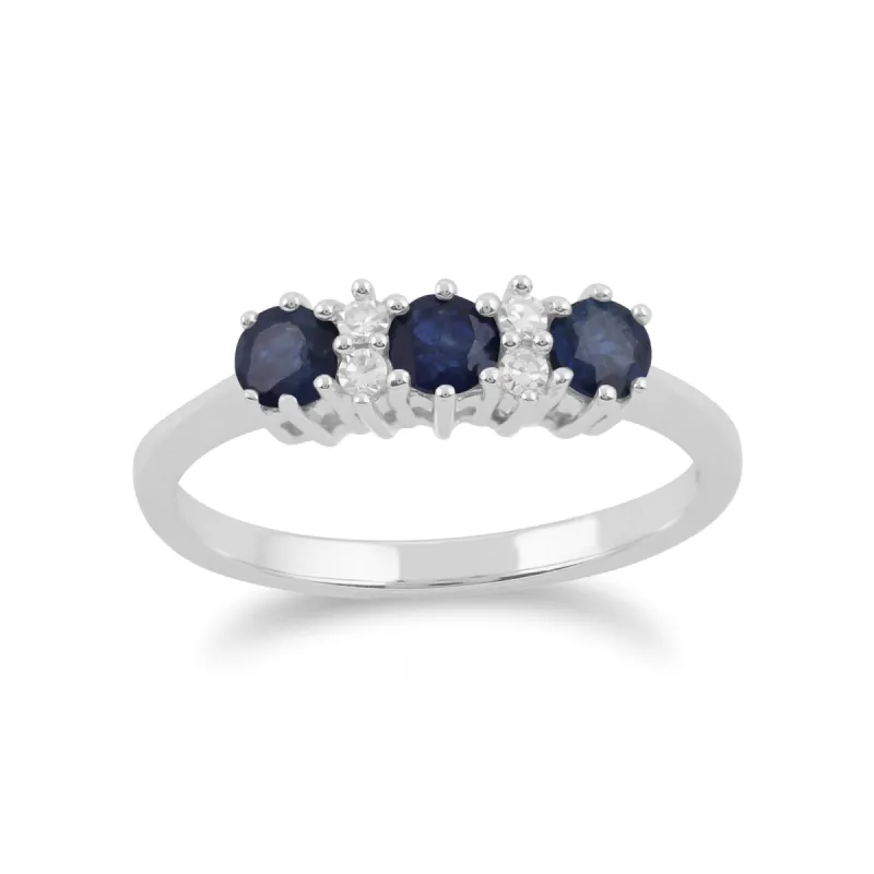 9ct White Gold 0.54ct Natural Blue Sapphire & 6pt Diamond Three Stone Ring sold by Gemondo Jewellery