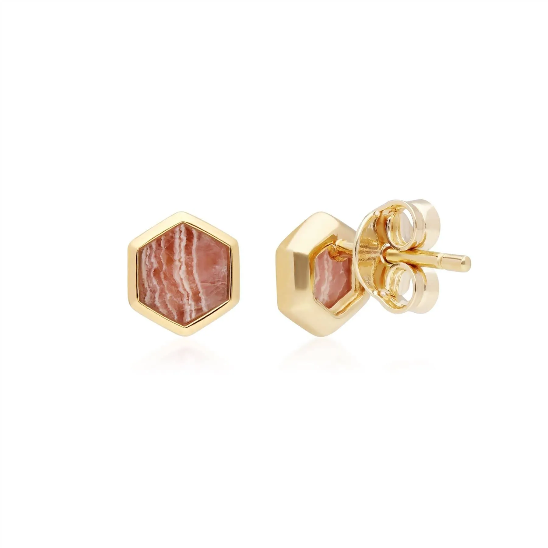Micro Statement Rhodochrosite Hexagon Stud Earrings in Gold Plated Silver sold by Gemondo Jewellery product image thumbnail 4