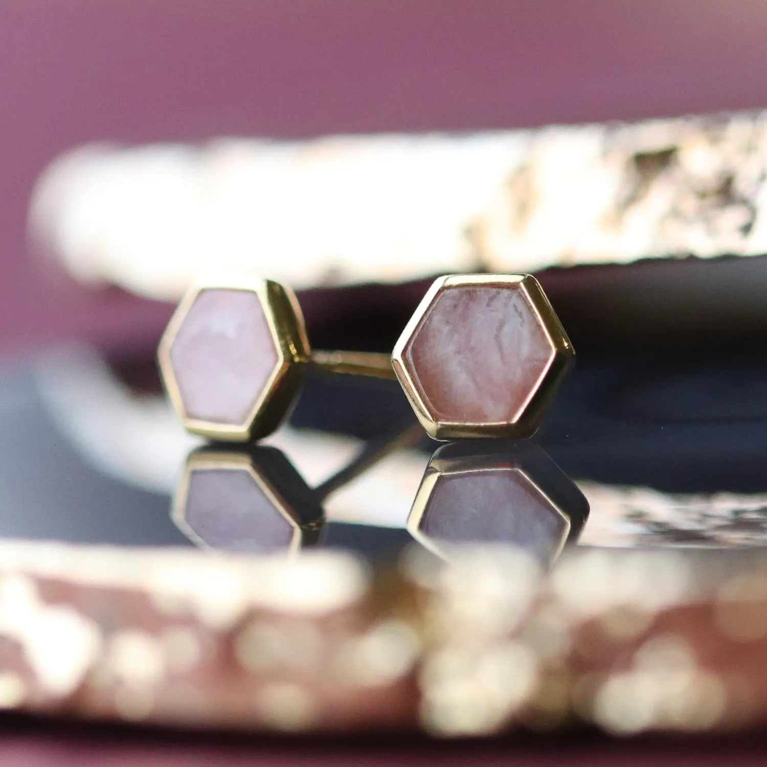 Micro Statement Rhodochrosite Hexagon Stud Earrings in Gold Plated Silver sold by Gemondo Jewellery product image thumbnail 3