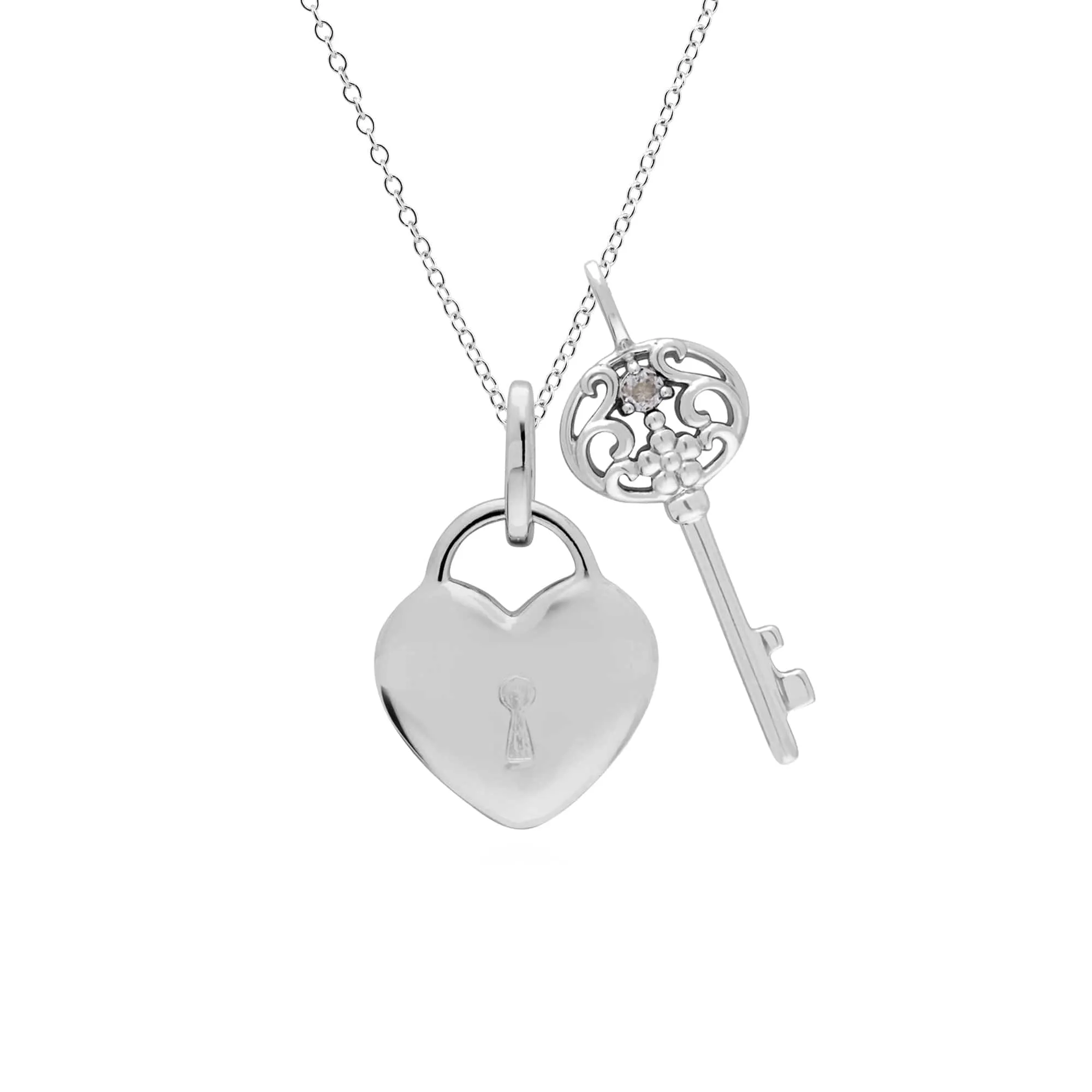 Classic Heart Lock Pendant & Clear Topaz Big Key Charm in 925 Sterling Silver sold by Gemondo Jewellery