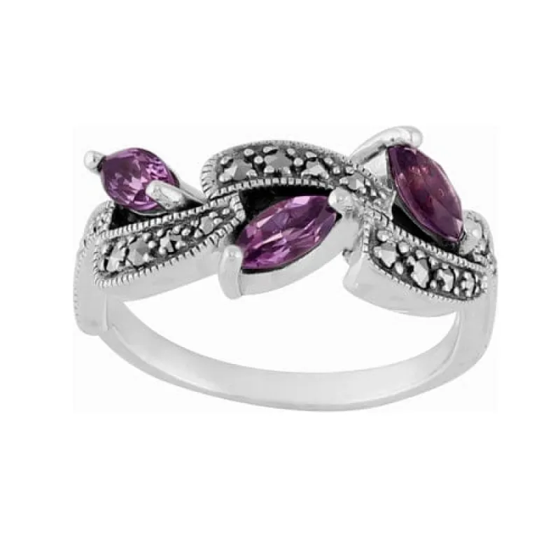 Art Nouveau Style Marquise Amethyst & Marcasite Ring in 925 Sterling Silver sold by Gemondo Jewellery