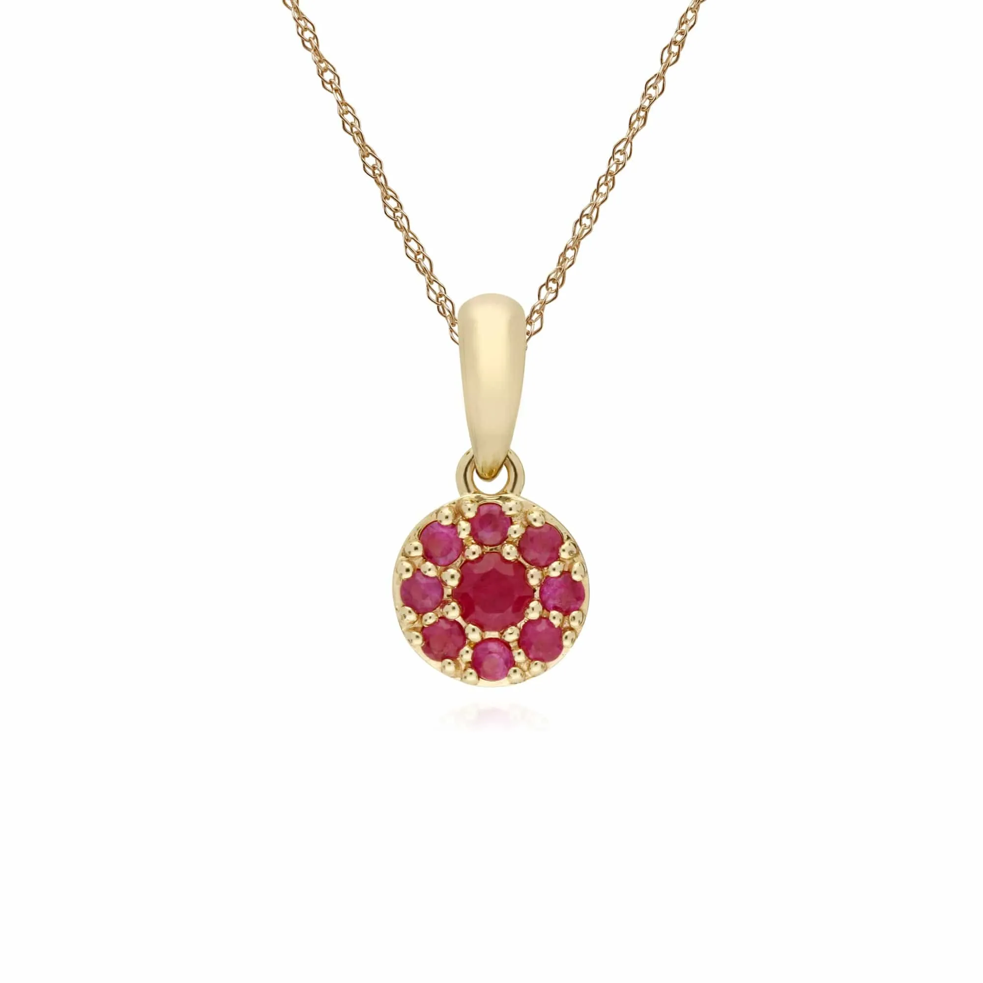 Cluster Round Ruby Classic Pendant and Chain in 9ct Yellow Gold sold by Gemondo Jewellery